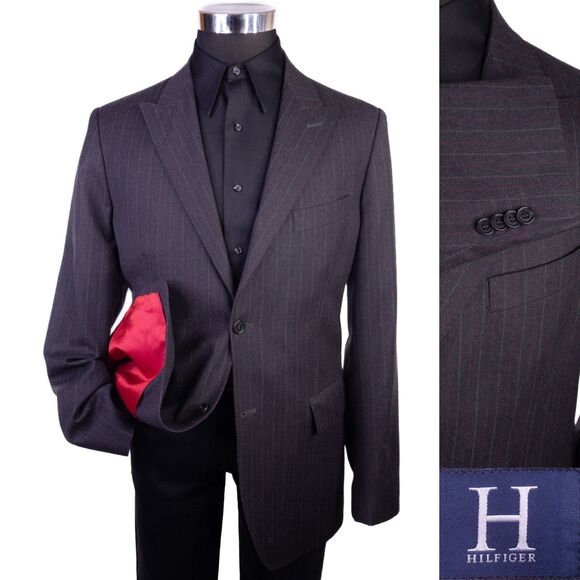 Hilfiger Sport Coat Jacket Striped Wool Sz 42R Two Button Italy Made Blazer - Picture 1 of 16